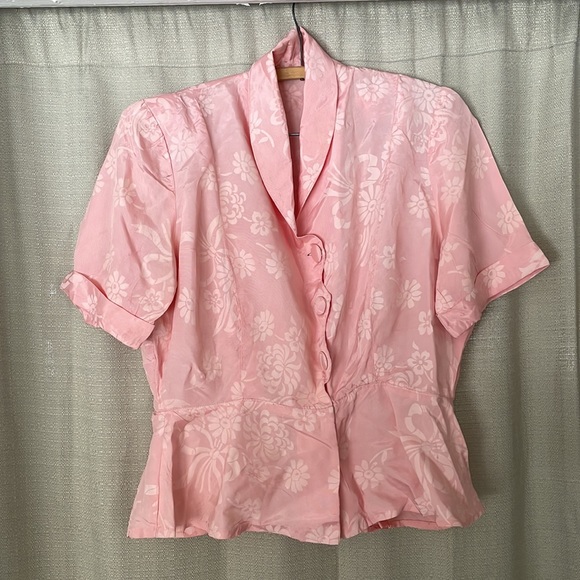 Vintage 1940s Pink Taffeta Flower & Bow Novelty Print Blouse -Peplum Puff Sleeve - Picture 16 of 16